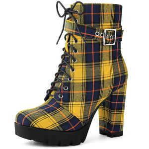 Platform Lace Up Chunky Heel Plaid Printed Yellow Ankle Combat Boots
